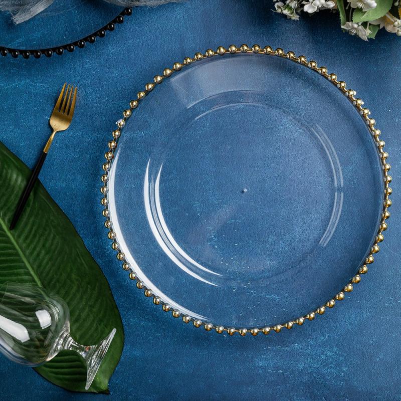 Charger Plates |   Acrylic Beaded 13" Round Charger Plate – Gold Trim Charger Plates & Napkins Charger Plates