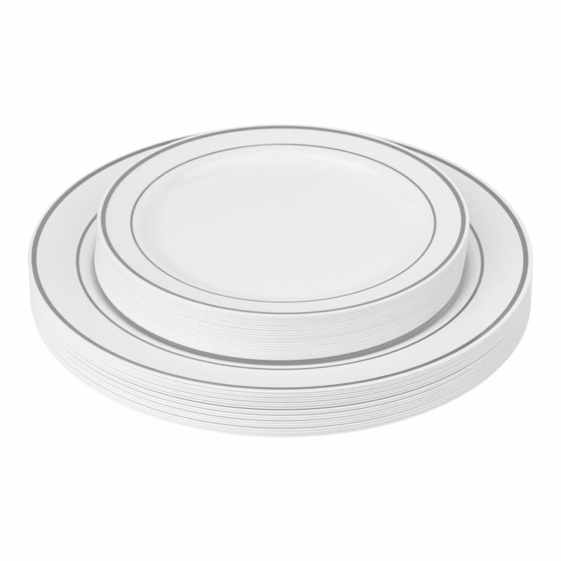 Disposable Tableware |   Classic Disposable Plastic Plates 40 Pcs Combo Pack – White Silver-Trimmed Charger Plates & Napkins Disposable Tableware