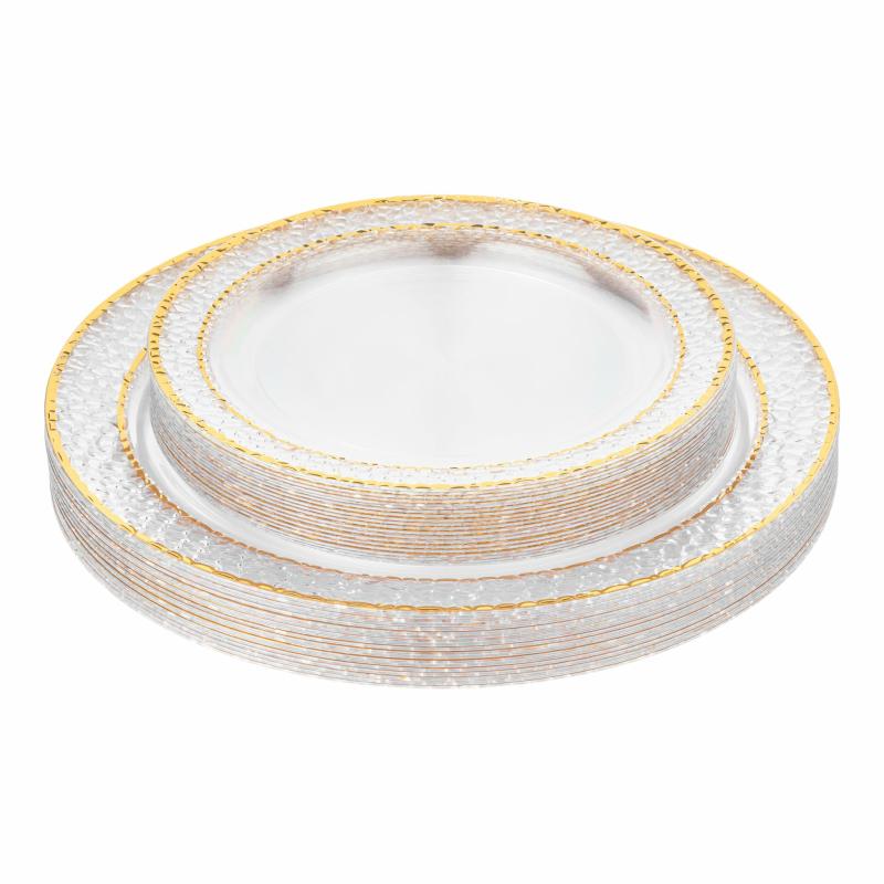 Disposable Tableware |   Hammered Disposable Plastic Plates 40 Pcs Combo Pack – Clear Gold-Trimmed Charger Plates & Napkins Clear