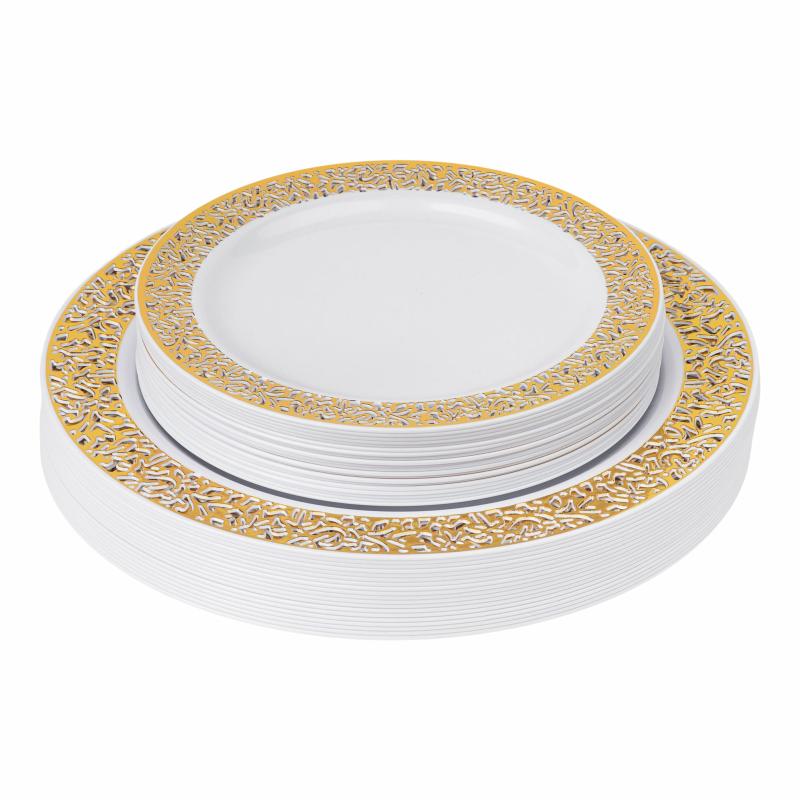 Disposable Tableware |   Lace Disposable Plastic Plates 40 Pcs Combo Pack – White Gold-Trimmed Charger Plates & Napkins Disposable Tableware