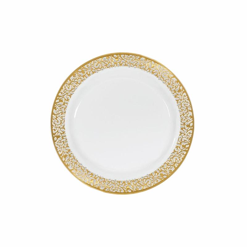 Disposable Tableware |   Lace Plastic Plates 7.5" Small (10/Pk) – White Gold-Trimmed Charger Plates & Napkins Disposable Tableware