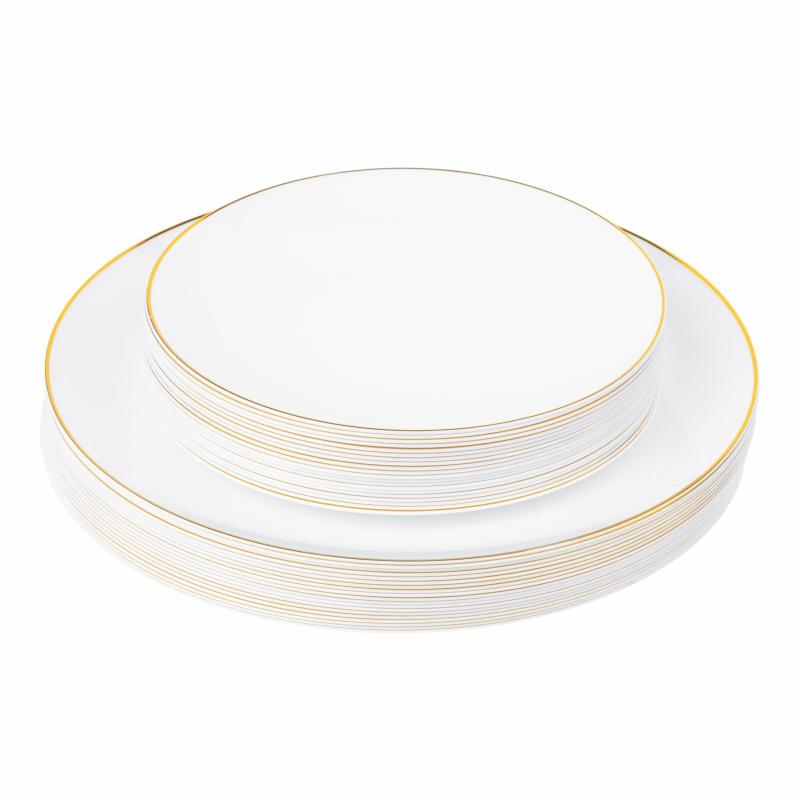 Disposable Tableware |   Modern Disposable Plastic Plates 40 Pcs Combo Pack – White Gold-Trimmed Charger Plates & Napkins Disposable Tableware