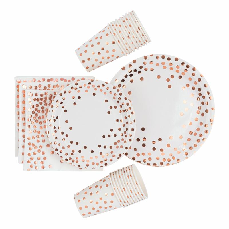 Disposable Tableware |   Rose Gold Confetti Tableware Kit For 20 Guests Charger Plates & Napkins Disposable Tableware