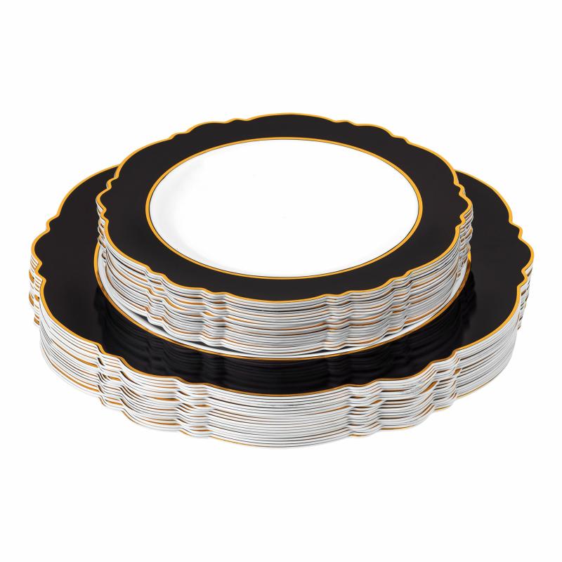 Disposable Tableware |   Scallop Disposable Plastic Plates 40 Pcs Combo Pack – Black & Gold-Trimmed Charger Plates & Napkins Black