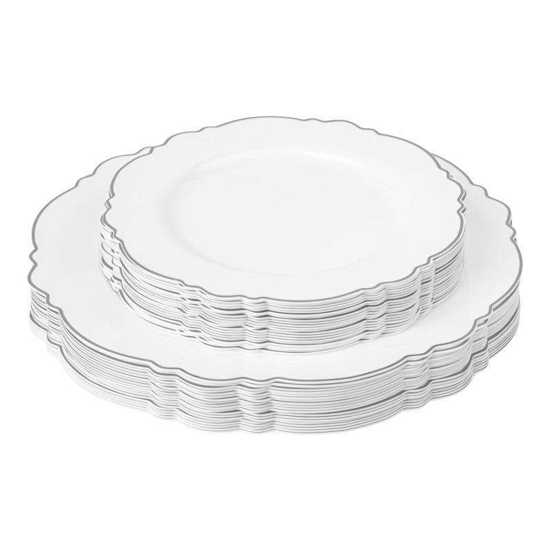 Disposable Tableware |   Scallop Disposable Plastic Plates 40 Pcs Combo Pack – White Silver-Trimmed Charger Plates & Napkins Disposable Tableware