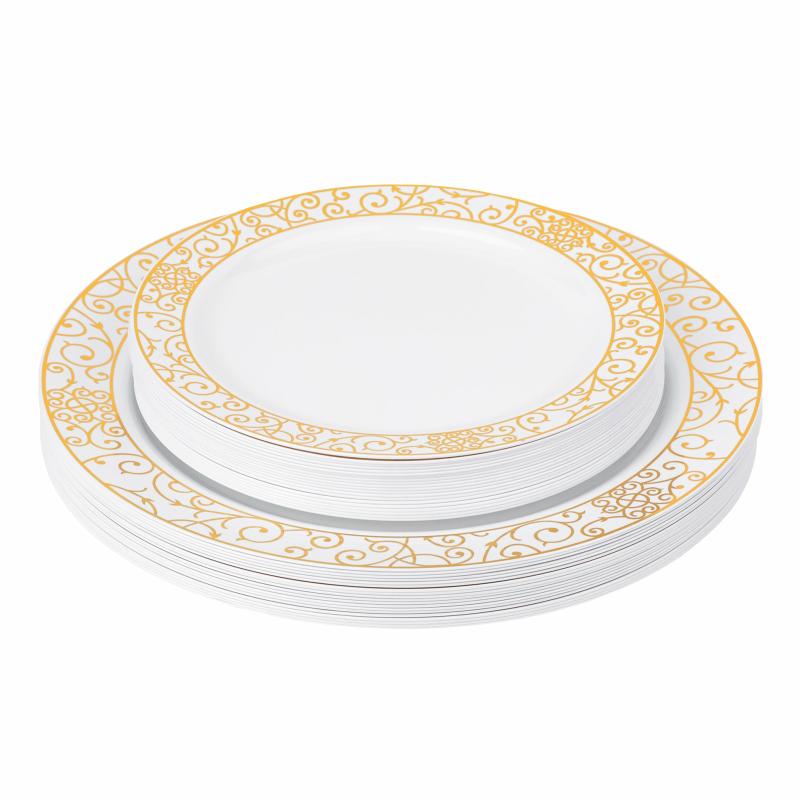 Disposable Tableware |   Venetian Disposable Plastic Plates 40 Pcs Combo Pack – White Gold-Trimmed Charger Plates & Napkins Disposable Tableware