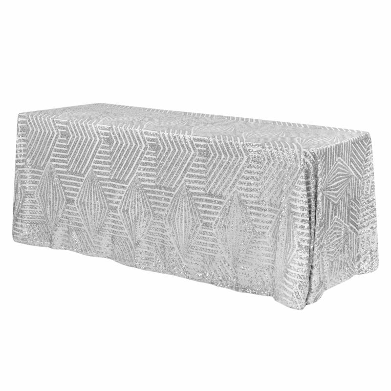 Rectangle Tablecloths |   Geometric Glitz Art Deco Sequin Tablecloth 90"X156" Rectangular – Silver Rectangle Tablecloths Rectangle Tablecloths