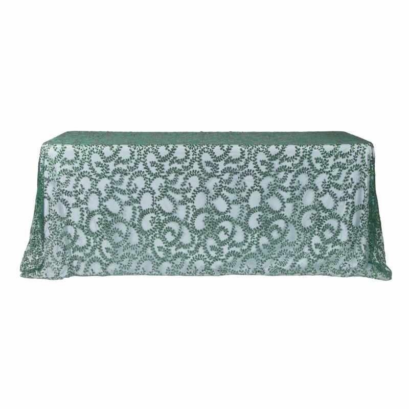 Rectangle Tablecloths |   Sequin Vine Tablecloth Overlay 90"X132" Rectangle – Emerald Green Rectangle Tablecloths Emerald Green