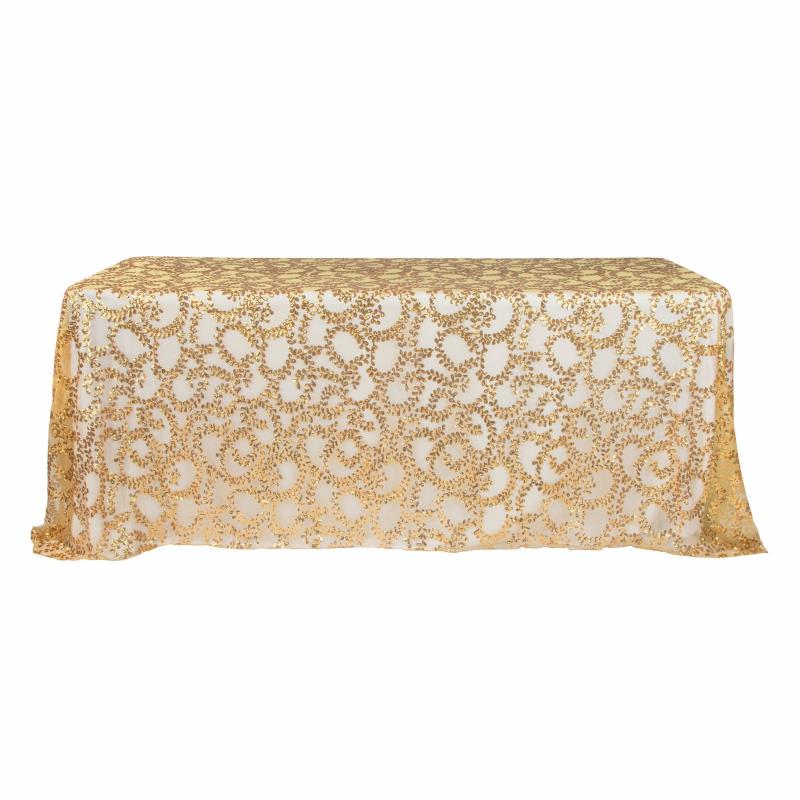 Rectangle Tablecloths |   Sequin Vine Tablecloth Overlay 90"X132" Rectangle – Gold Rectangle Tablecloths Gold