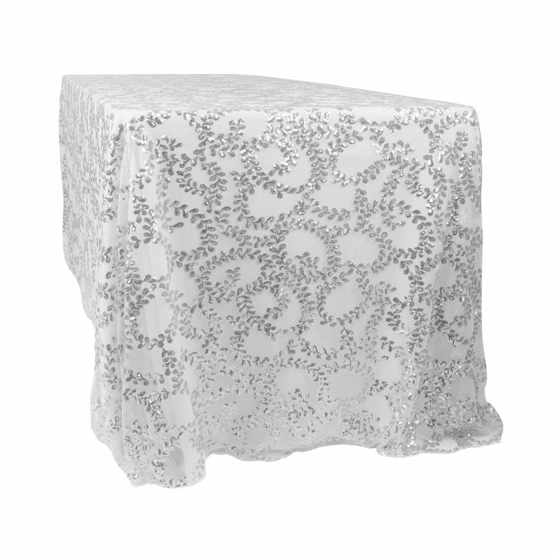 Rectangle Tablecloths |   Sequin Vine Tablecloth Overlay 90"X132" Rectangle – Silver Rectangle Tablecloths Rectangle Tablecloths