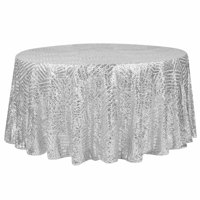 Round Linen Tablecloths |   Geometric Glitz Art Deco Sequin Tablecloth 120" Round – Silver Round Linen Tablecloths Round Linen Tablecloths