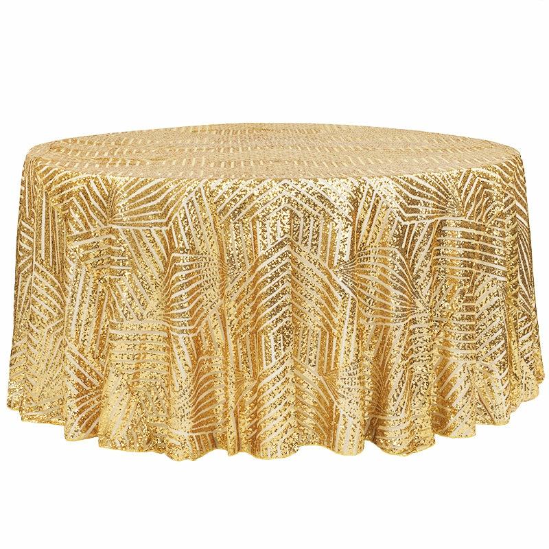 Round Linen Tablecloths |   Geometric Glitz Art Deco Sequin Tablecloth 132" Round – Gold Round Linen Tablecloths Gold