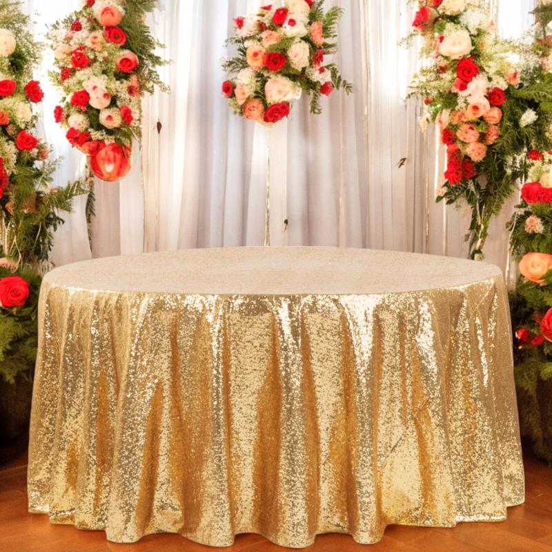 Round Linen Tablecloths |   Glitz Sequins 120" Round Tablecloth – Gold Round Linen Tablecloths Gold