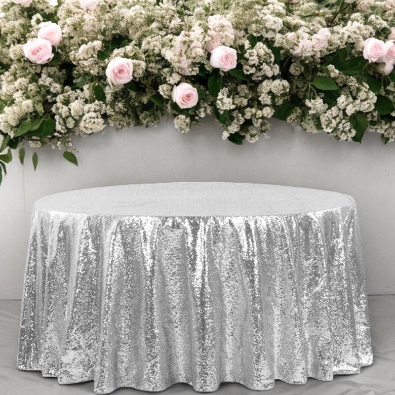 Round Linen Tablecloths |   Glitz Sequins 120" Round Tablecloth – Silver Round Linen Tablecloths Round Linen Tablecloths