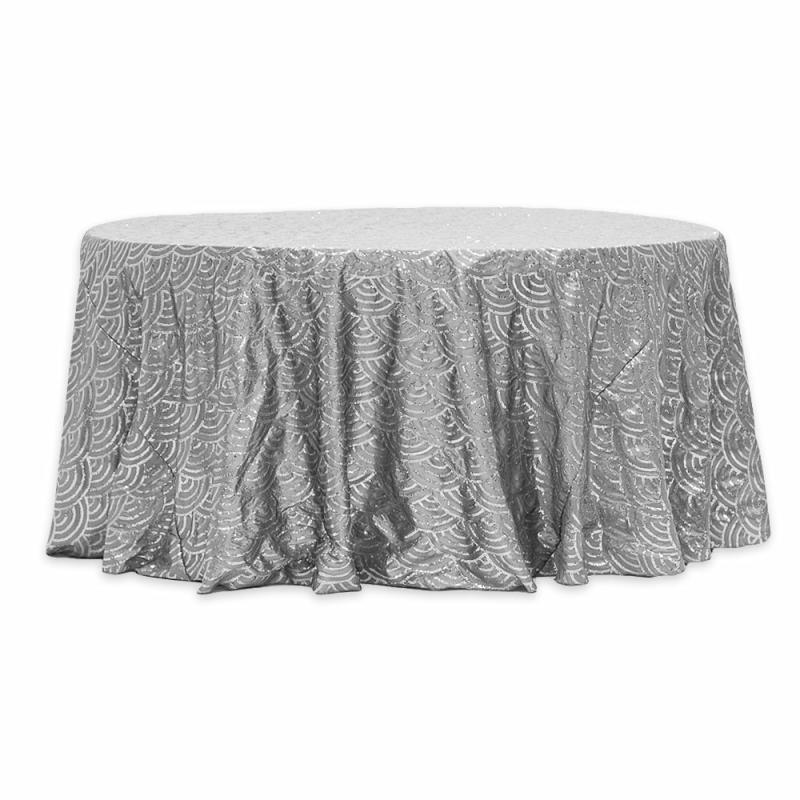 Round Linen Tablecloths |   Mermaid Scale Sequin 132" Round Tablecloth – Silver Round Linen Tablecloths Round Linen Tablecloths