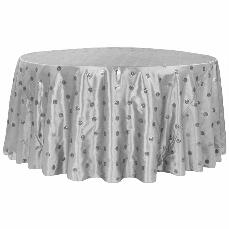 Round Linen Tablecloths |   Sequin Embroidery Taffeta 120" Round Tablecloth – Silver Round Linen Tablecloths Round Linen Tablecloths