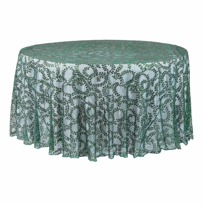 Round Linen Tablecloths |   Sequin Vine Tablecloth Overlay 120" Round – Emerald Green Round Linen Tablecloths Emerald Green