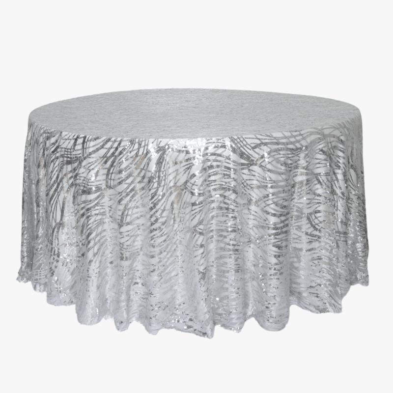 Round Linen Tablecloths |   Wave Sequin Mesh Tablecloth 120" Round – Silver Round Linen Tablecloths Round Linen Tablecloths