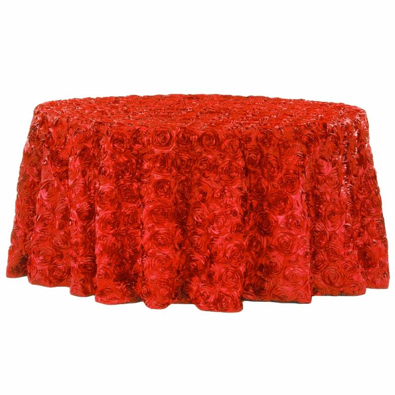 Round Linen Tablecloths |   Wedding Rosette Satin 120" Round Tablecloth – Red Round Linen Tablecloths Red