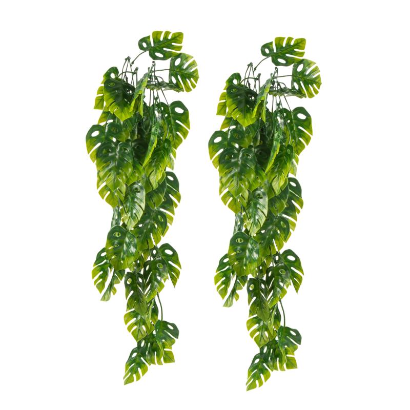 Silk Floral Bush & Stem |   2 Bushes Tropical Palm Small Monstera Artificial Leaves Hanging Vine Artificial Flowers & Greeneries Green