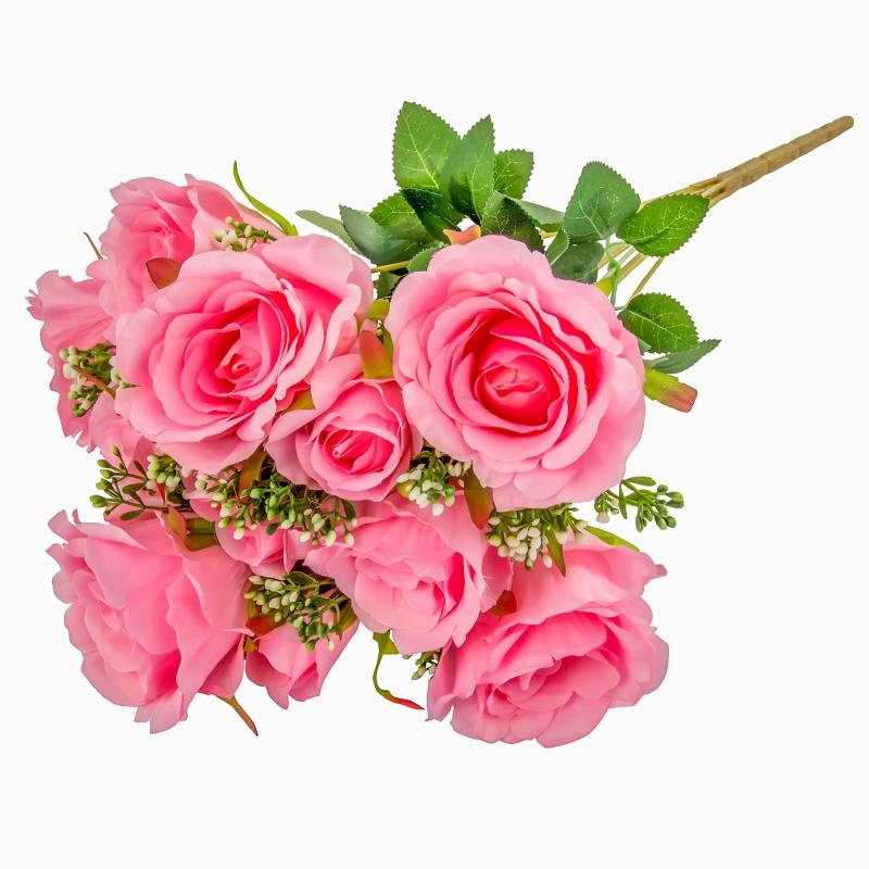 Silk Floral Bush & Stem |   Silk Rose Bush 12 Heads – Pink Artificial Flowers & Greeneries Pink