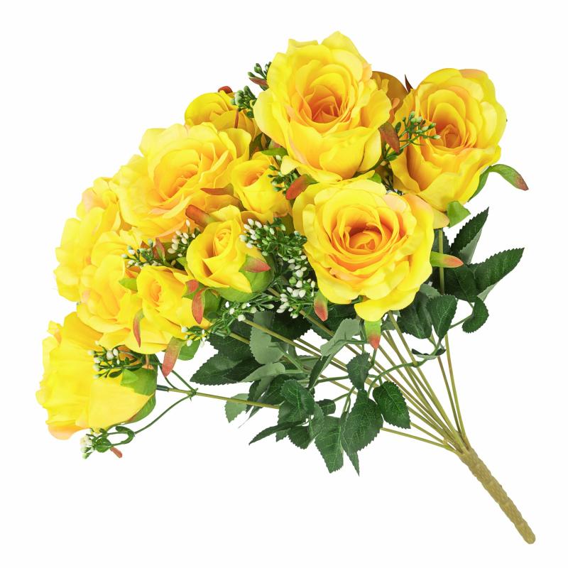 Silk Floral Bush & Stem |   Silk Rose Bush 12 Heads – Yellow Artificial Flowers & Greeneries Silk Floral Bush & Stem