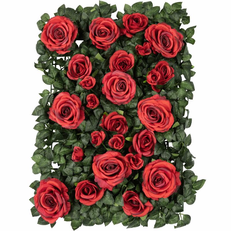 Silk Floral Wall Backdrops |   Silk Greenery With Roses Wall Backdrop Panel – Red Artificial Flowers & Greeneries Red