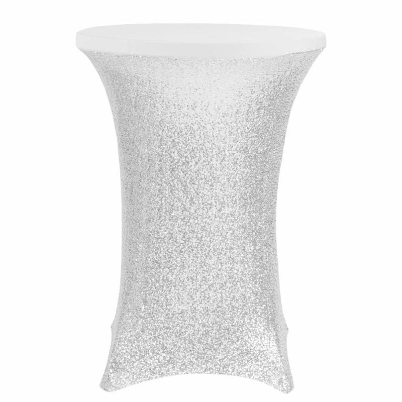 Stretch Spandex Table Covers |   Glitz Sequin Spandex Cocktail Table Cover 30"-32" Round – Silver Round Linen Tablecloths Round Linen Tablecloths