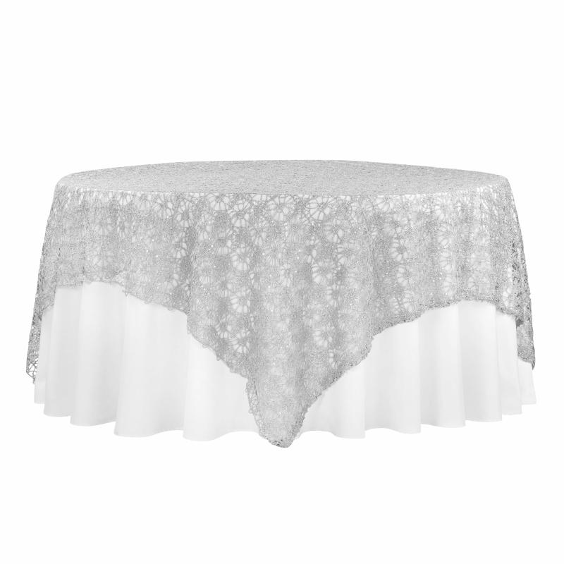 Table Overlay Toppers |   Chemical Lace 90"X90" Square Table Overlay – Silver Table Linens & Table Skirts Silver