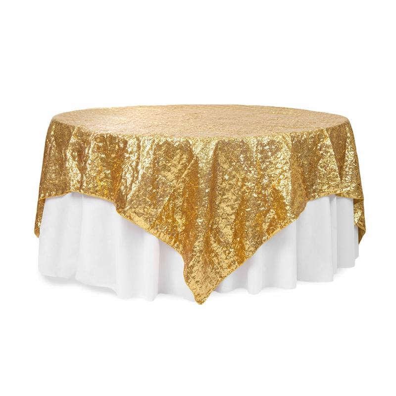 Table Overlay Toppers |   Diamond Glitz Sequin Table Overlay Topper 85"X85" Square – Gold Table Linens & Table Skirts Gold