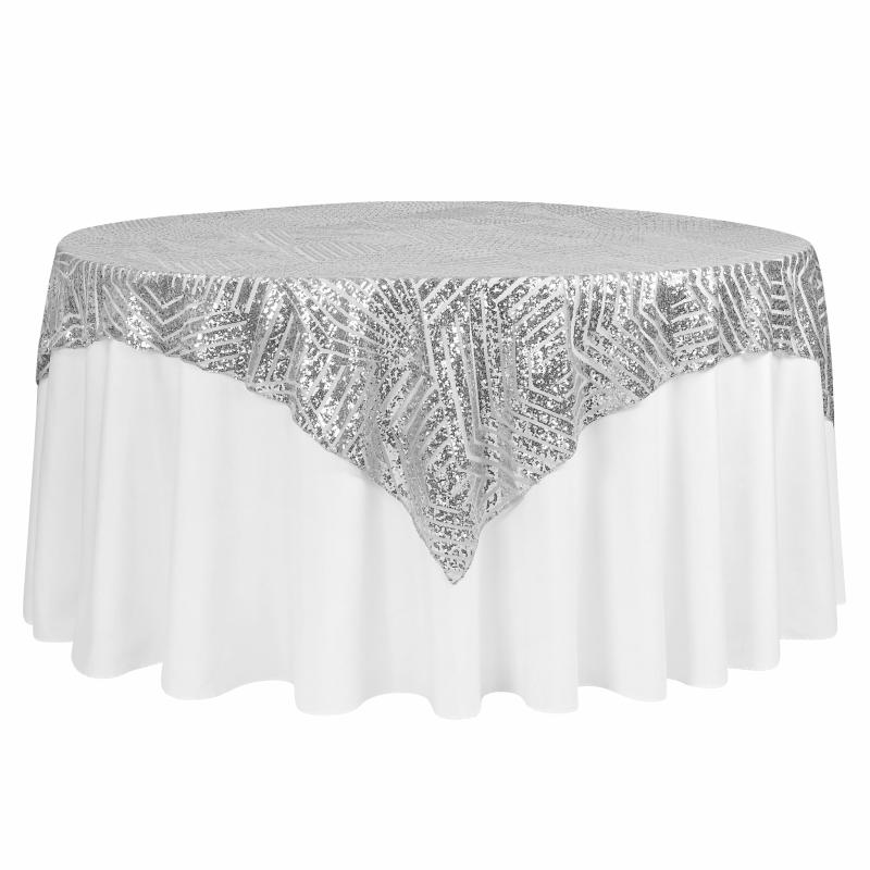 Table Overlay Toppers |   Geometric Glitz Art Deco Sequin Table Overlay Topper 72"X72" Square – Silver Table Linens & Table Skirts Silver