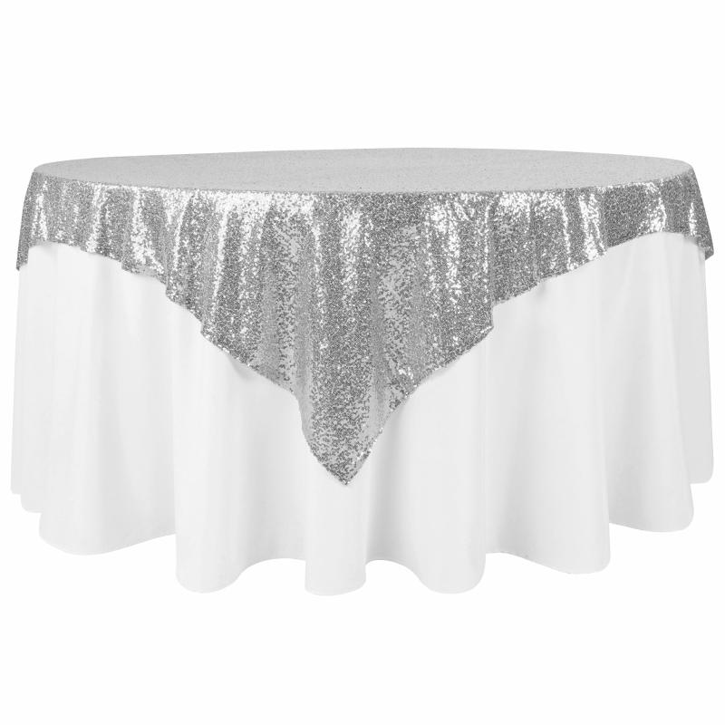 Table Overlay Toppers |   Glitz Sequin Mesh Net Table Overlay Topper 72"X72" Square – Silver Table Linens & Table Skirts Silver