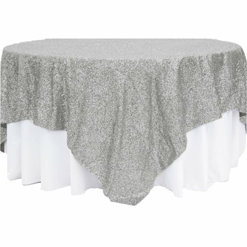 Table Overlay Toppers |   Glitz Sequin Table Overlay Topper 90"X90" Square – Silver Table Linens & Table Skirts Silver