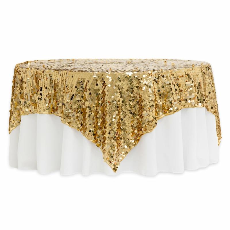 Table Overlay Toppers |   Large Payette Sequin Table Overlay Topper 90"X90" Square – Gold Table Linens & Table Skirts Gold