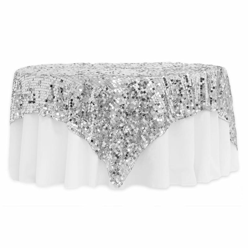 Table Overlay Toppers |   Large Payette Sequin Table Overlay Topper 90"X90" Square – Silver Table Linens & Table Skirts Silver