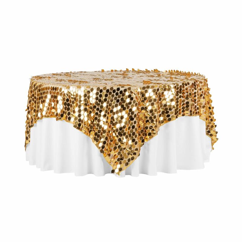 Table Overlay Toppers |   Leaf Payette Sequin Table Overlay Topper 90"X90" Square – Gold Table Linens & Table Skirts Gold