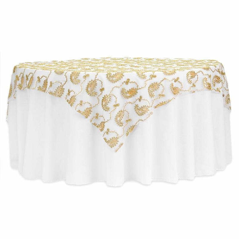 Table Overlay Toppers |   Paisley Sequin Table Overlay Topper 85"X85" Square – Gold Table Linens & Table Skirts Gold