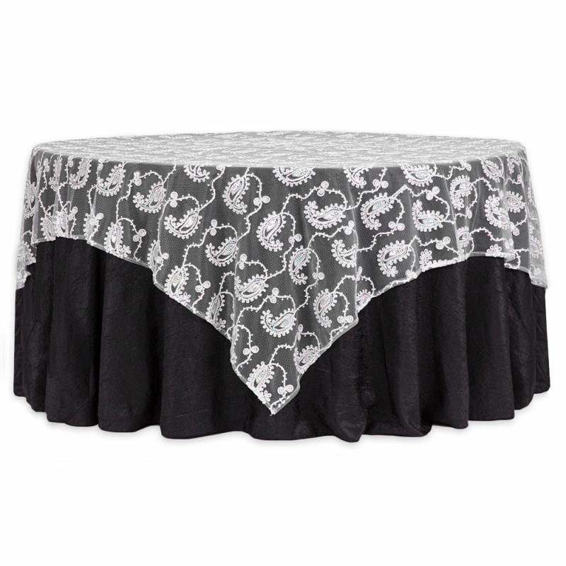 Table Overlay Toppers |   Paisley Sequin Table Overlay Topper 85"X85" Square – Silver Table Linens & Table Skirts Silver