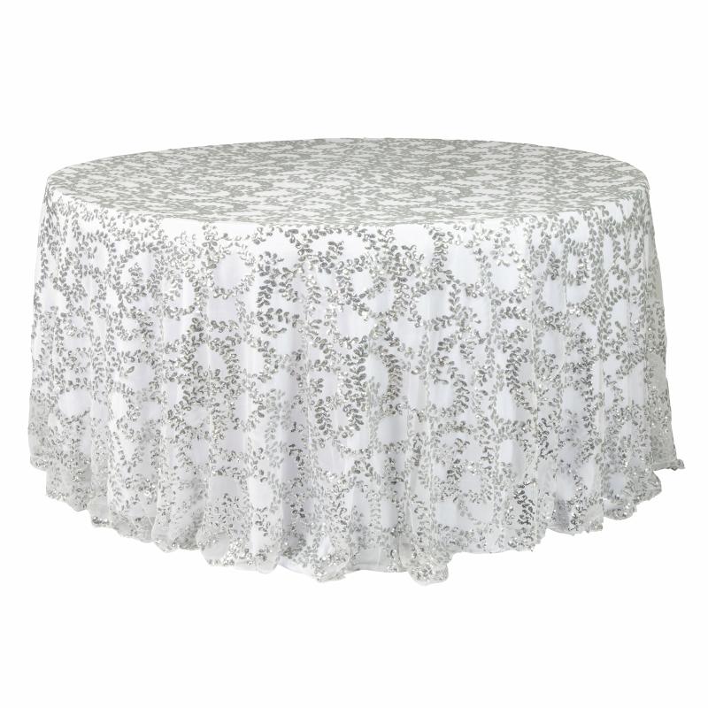 Table Overlay Toppers |   Sequin Vine Tablecloth Overlay 120" Round – Silver Round Linen Tablecloths Round Linen Tablecloths