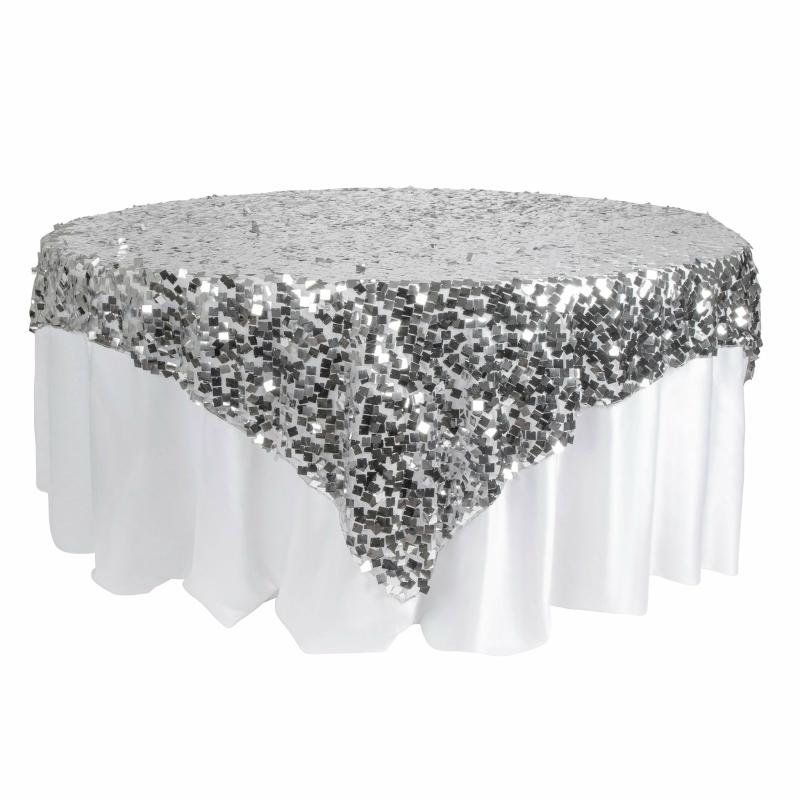 Table Overlay Toppers |   Square Payette Sequin Table Overlay Topper 90"X90" Square – Silver Table Linens & Table Skirts Silver