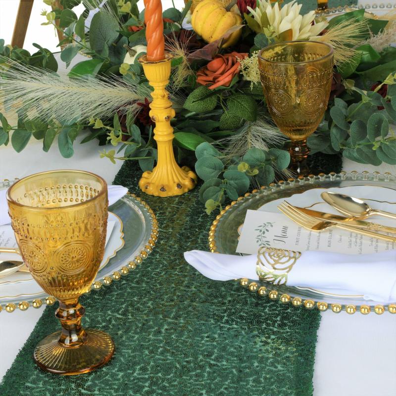 Table Runners |   Glitz Sequin Mesh Net Table Runner 12"X108" – Emerald Green Table Linens & Table Skirts Emerald Green