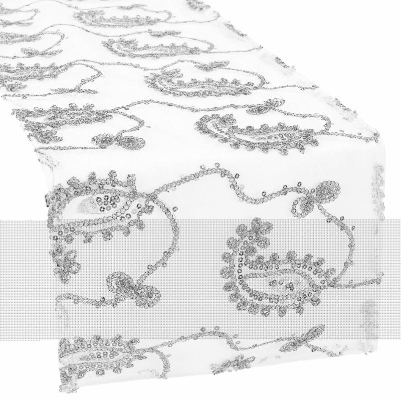 Table Runners |   Paisley Sequin Table Runner – Silver Table Linens & Table Skirts Silver