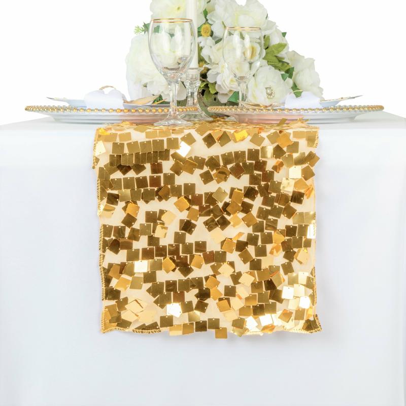 Table Runners |   Square Payette Sequin Table Runner – Gold Table Linens & Table Skirts Gold