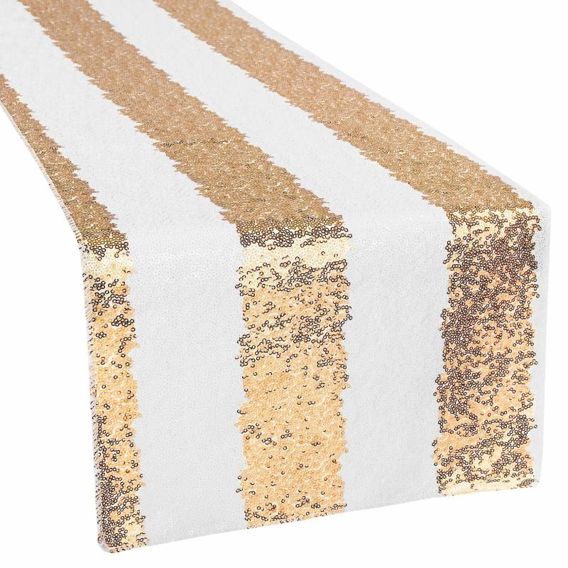 Table Runners |   Stripe Glitz Sequin Table Runner – Gold & White Table Linens & Table Skirts Gold