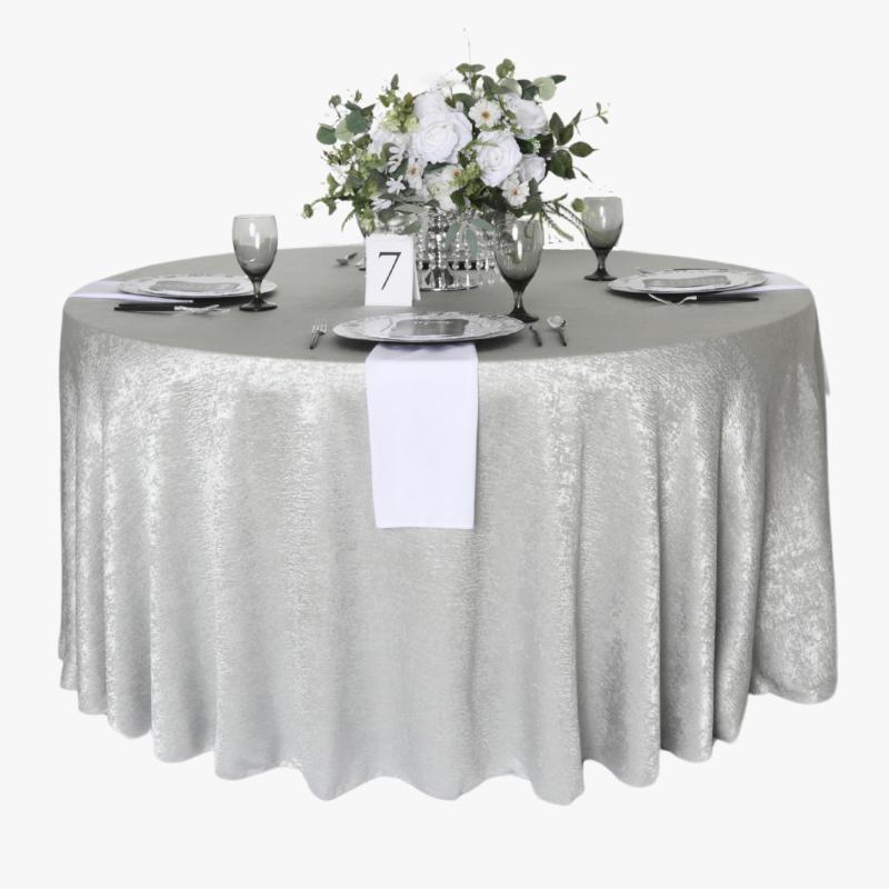 Tablecloths |   Crinkle Shimmer 120" Round Tablecloth – Silver Round Linen Tablecloths Round Linen Tablecloths