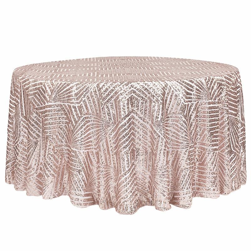 Tablecloths |   Geometric Glitz Art Deco Sequin Tablecloth 132" Round – Blush/Rose Gold Round Linen Tablecloths Blush,Rose Gold