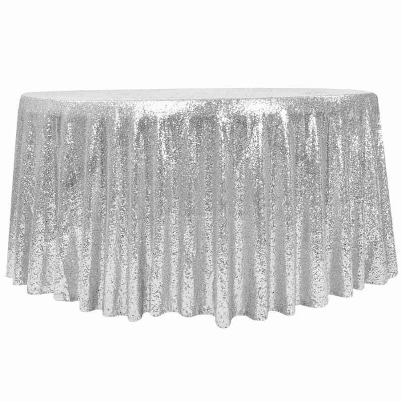 Tablecloths |   Glitz Sequin Mesh Net Tablecloth 116" Round – Silver Round Linen Tablecloths Round Linen Tablecloths