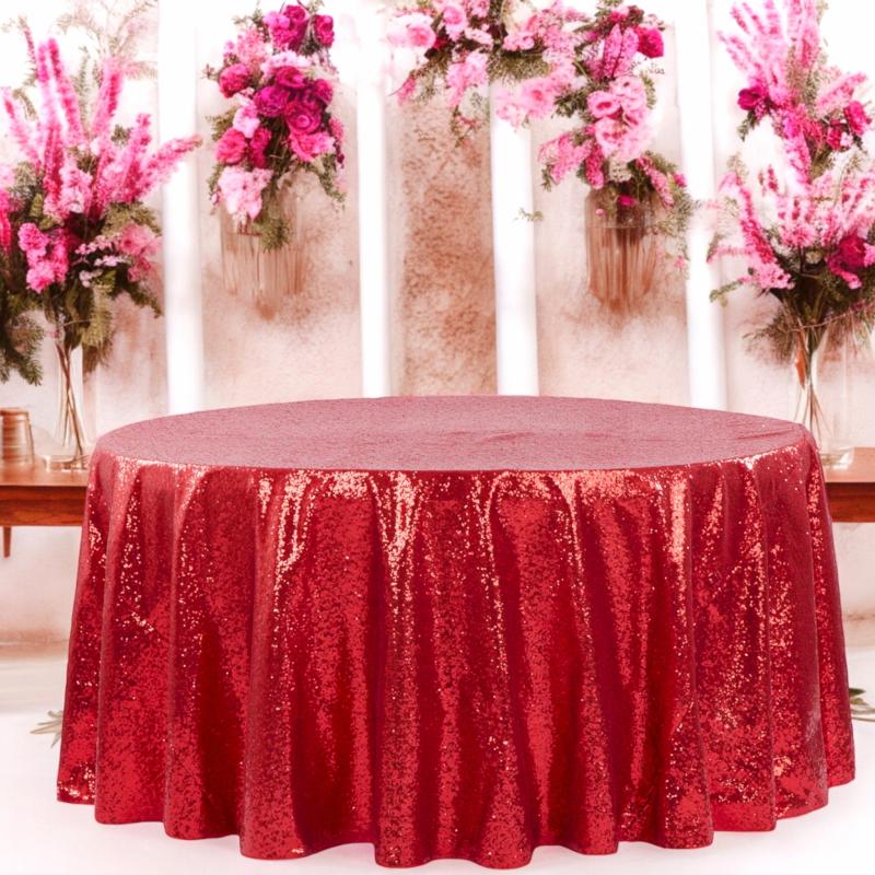 Tablecloths |   Glitz Sequins 120" Round Tablecloth – Apple Red Round Linen Tablecloths Apple Red