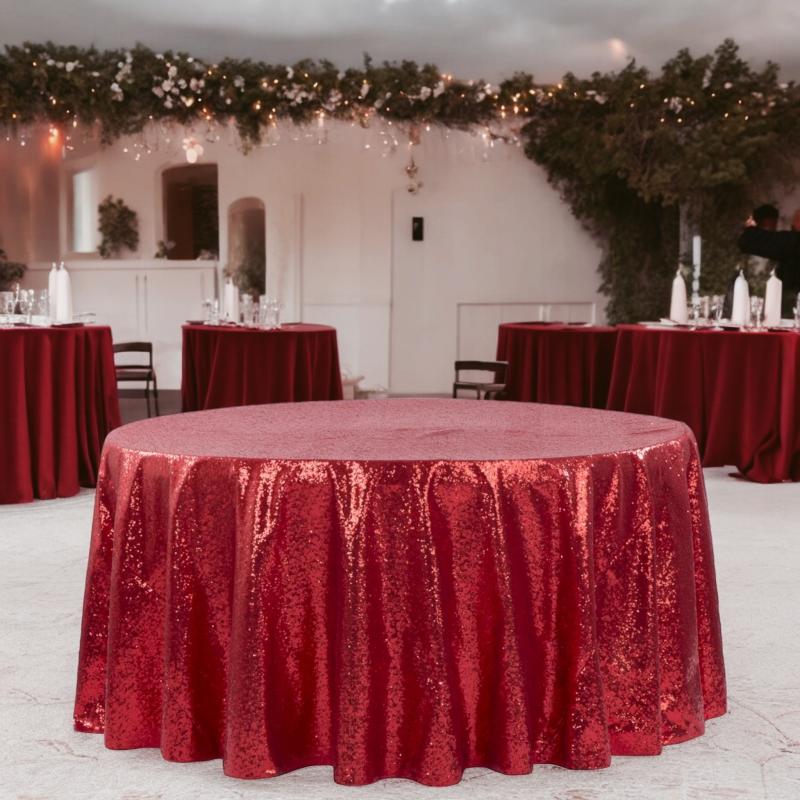 Tablecloths |   Glitz Sequins 132" Round Tablecloth – Red Round Linen Tablecloths Red