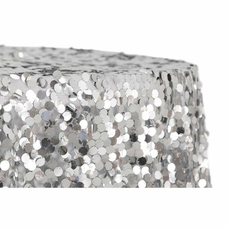 Tablecloths |   Large Payette Sequin 132" Round Tablecloth – Silver Round Linen Tablecloths Round Linen Tablecloths